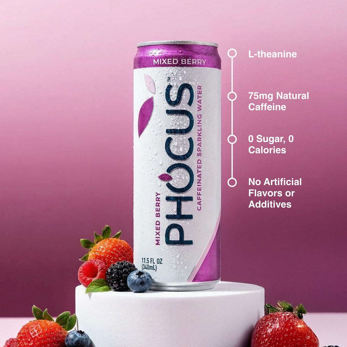 CLEAR CUT PHOCUS Phocus Caffeinated Sparkling Water — Mixed Berry | 0 Sugar, 75mg Caffeine + L-Theanine | 11.5oz x12