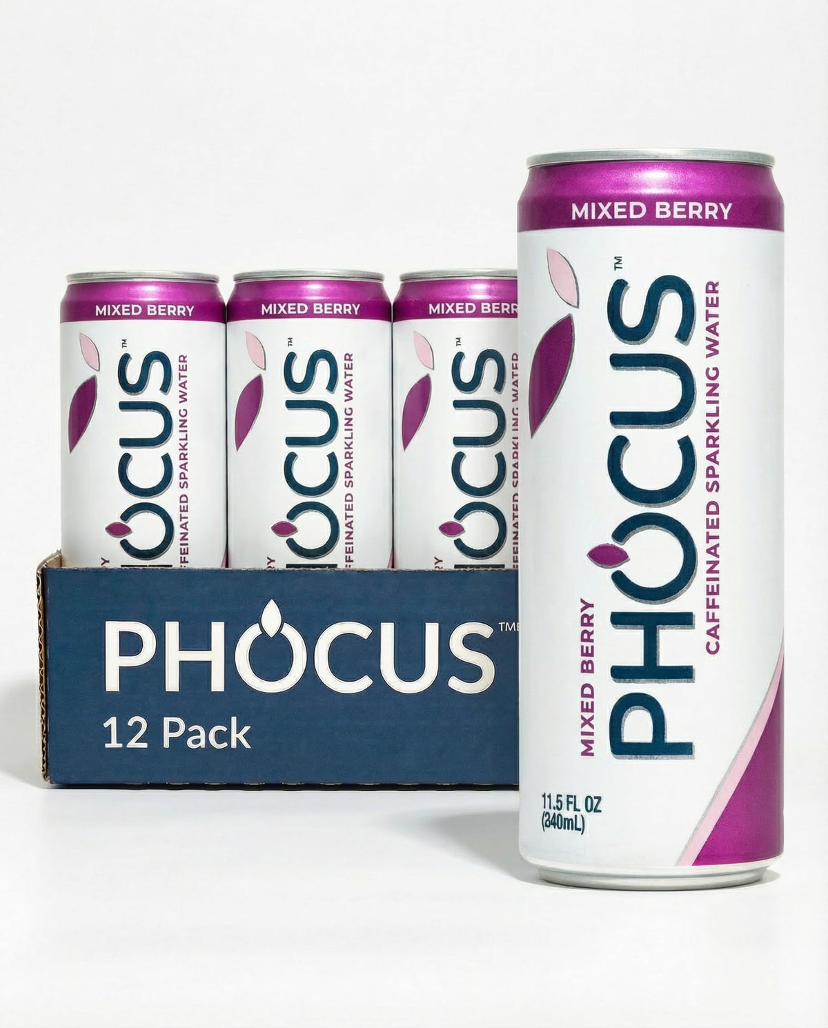 CLEAR CUT PHOCUS Phocus Caffeinated Sparkling Water — Mixed Berry | 0 Sugar, 75mg Caffeine + L-Theanine | 11.5oz x12