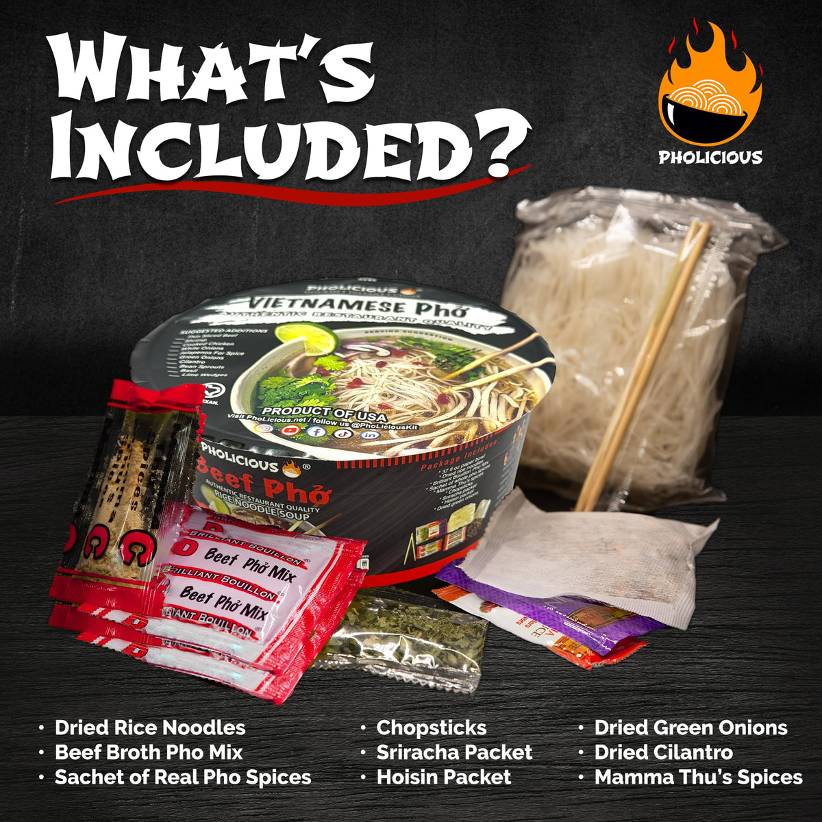 PhoLicious Instant Beef Pho – Quick Microwave Vietnamese Noodle Soup Kit (Beef, 4 Pack)