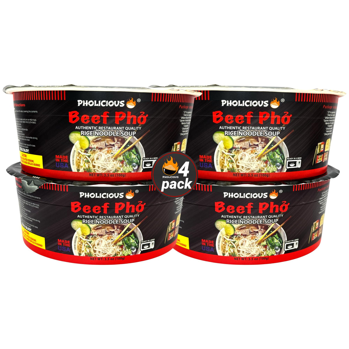 PhoLicious Instant Beef Pho – Quick Microwave Vietnamese Noodle Soup Kit (Beef, 4 Pack)