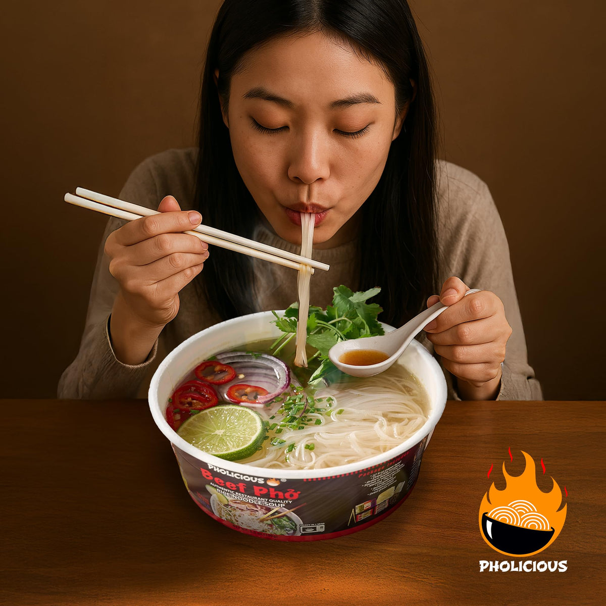 PhoLicious Instant Beef Pho – Quick Microwave Vietnamese Noodle Soup Kit (Beef, 4 Pack)