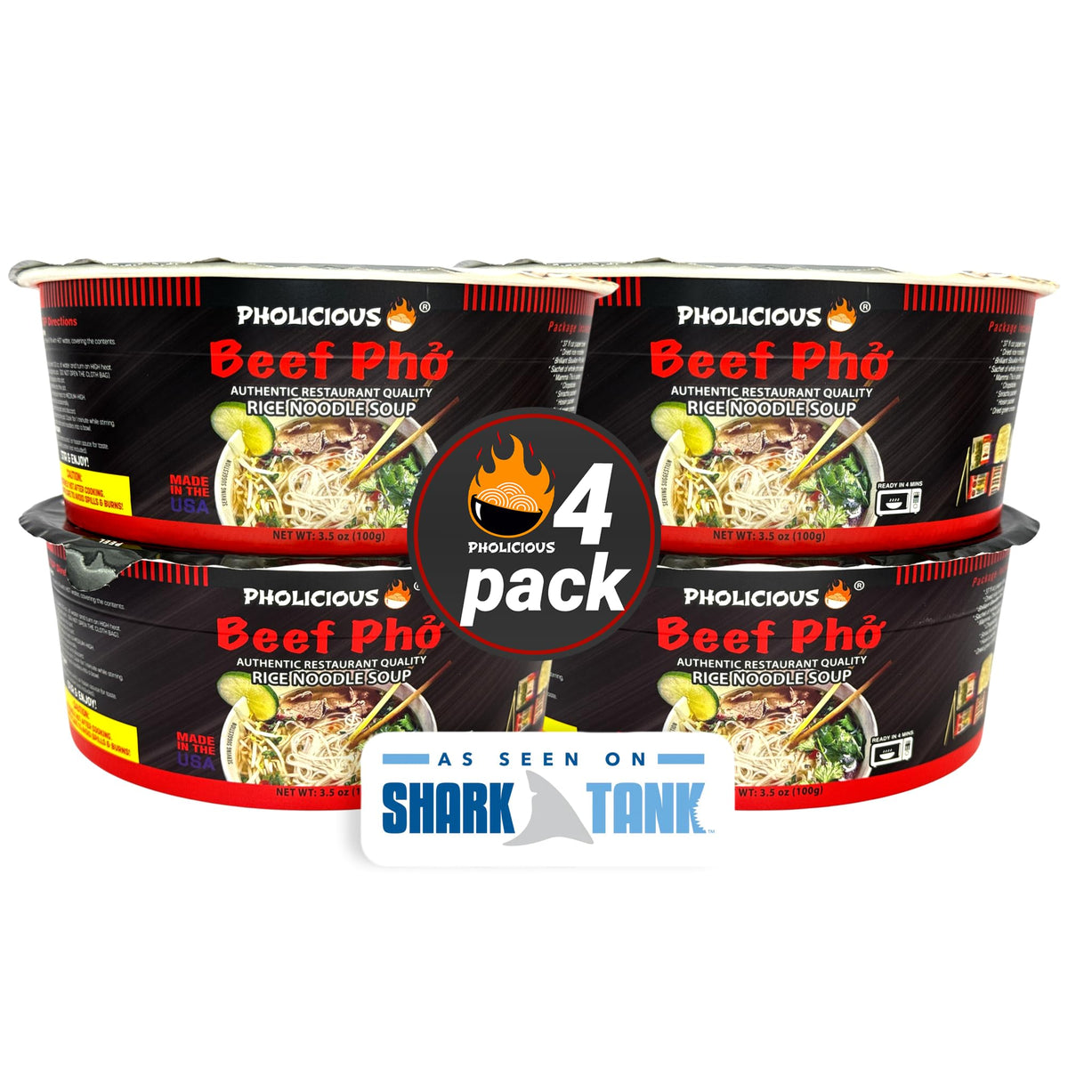 PhoLicious Instant Beef Pho – Quick Microwave Vietnamese Noodle Soup Kit (Beef, 4 Pack)