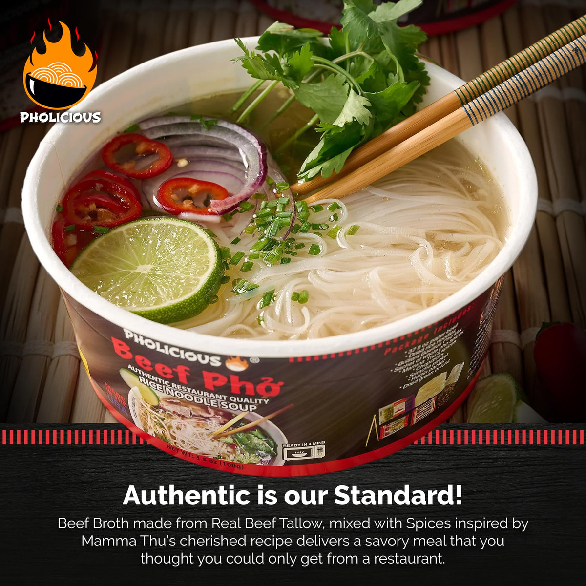 PhoLicious Instant Beef Pho – Quick Microwave Vietnamese Noodle Soup Kit (Beef, 4 Pack)
