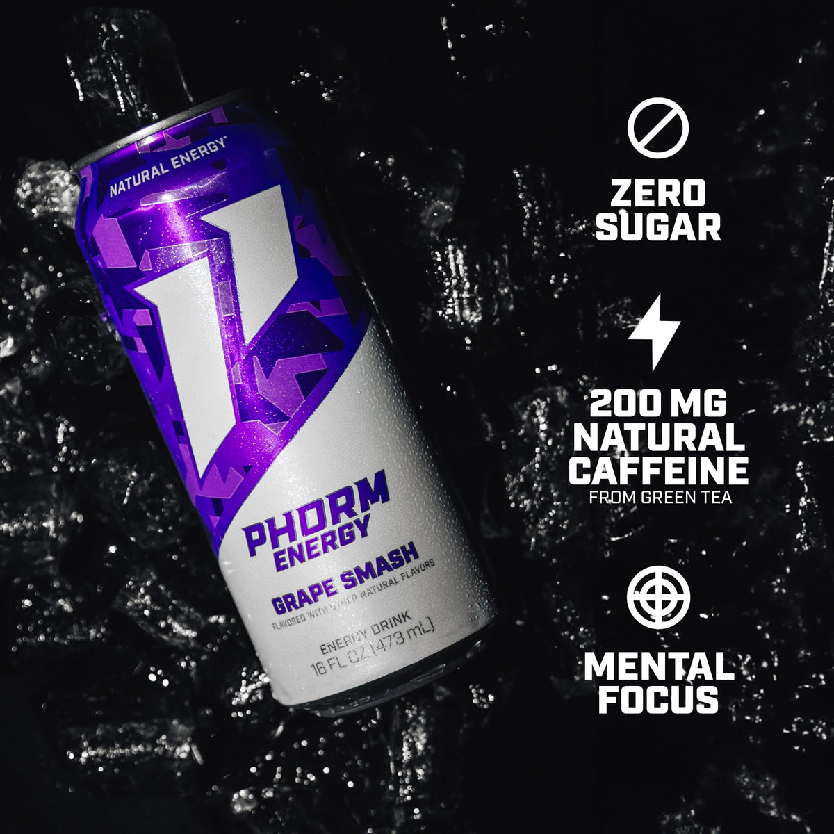 Phorm Energy Drink – Grape Smash, 200 mg Caffeine from Green Tea, Sugar Free, Electrolytes & B12, 16 oz Can (12-Pack)