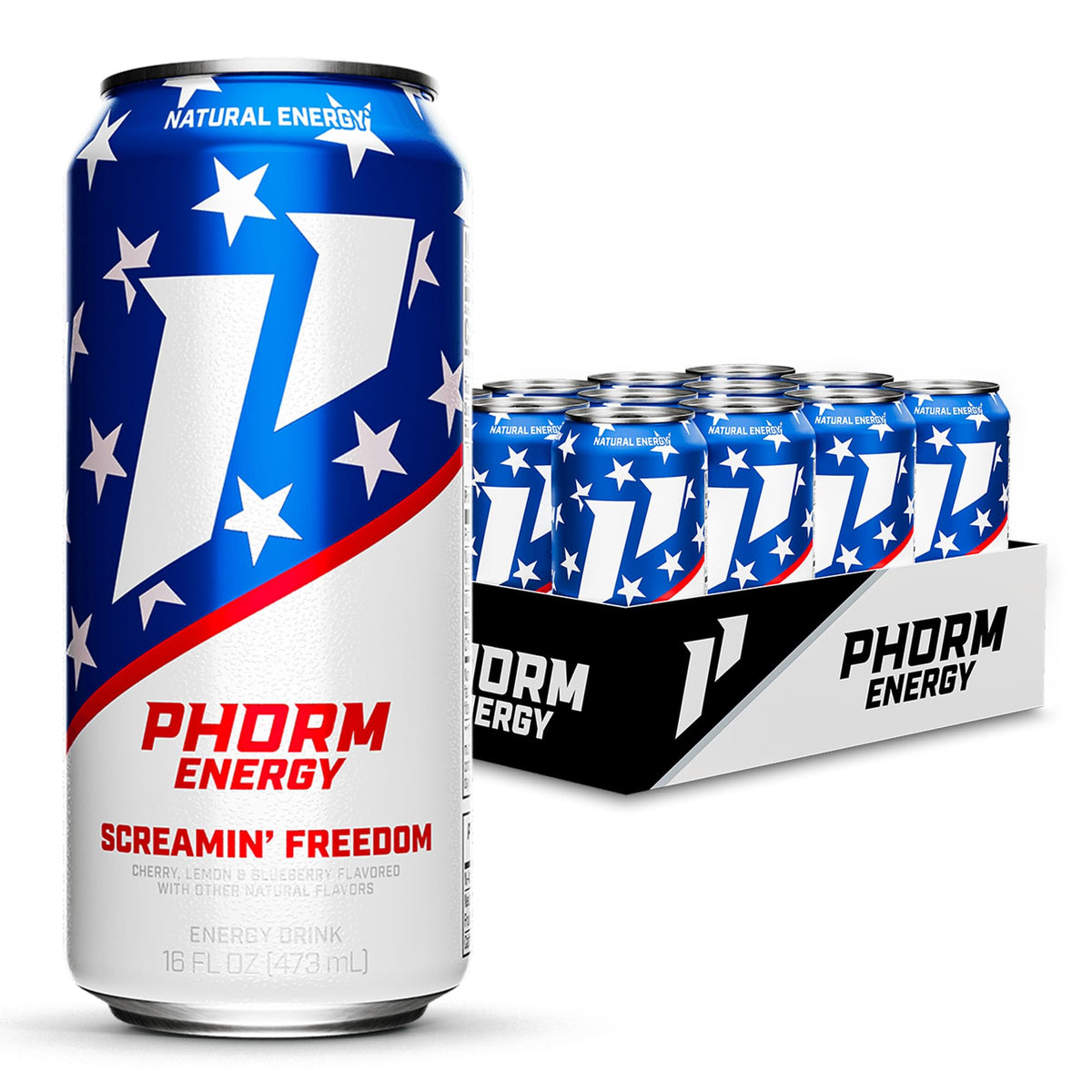 Phorm Energy Drink Screamin’ Freedom – Sugar Free, 200 mg Caffeine, Green Tea, Electrolytes, Pack of 12