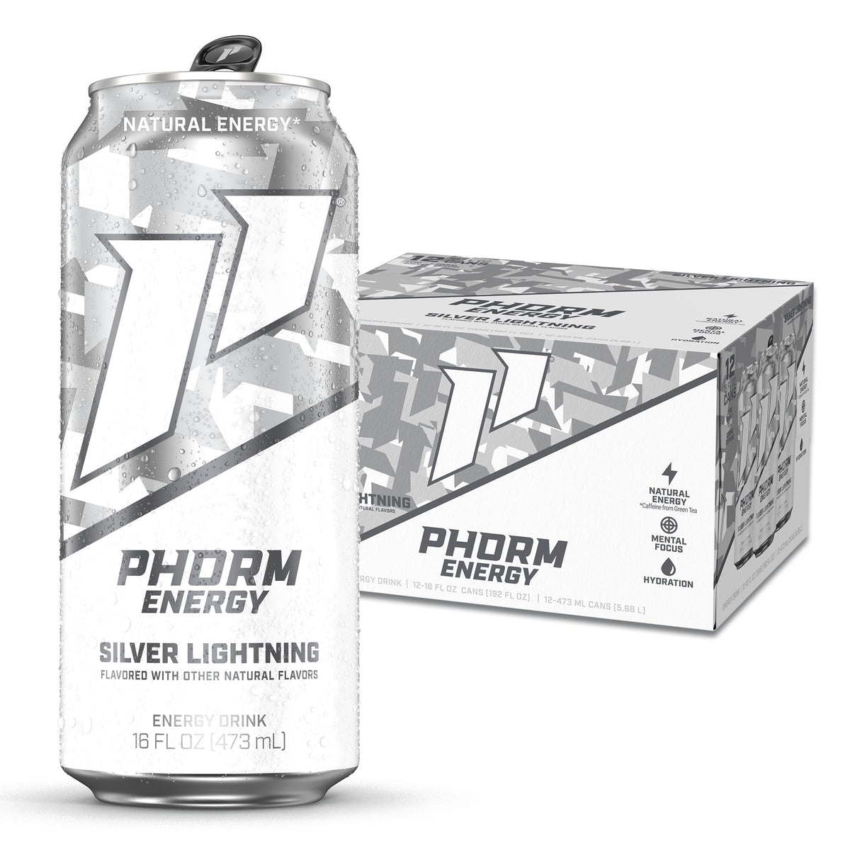 PHORM ENERGY Silver Lightning Drink – 200 mg Natural Green Tea Caffeine, Sugar Free, Electrolytes, 16 oz