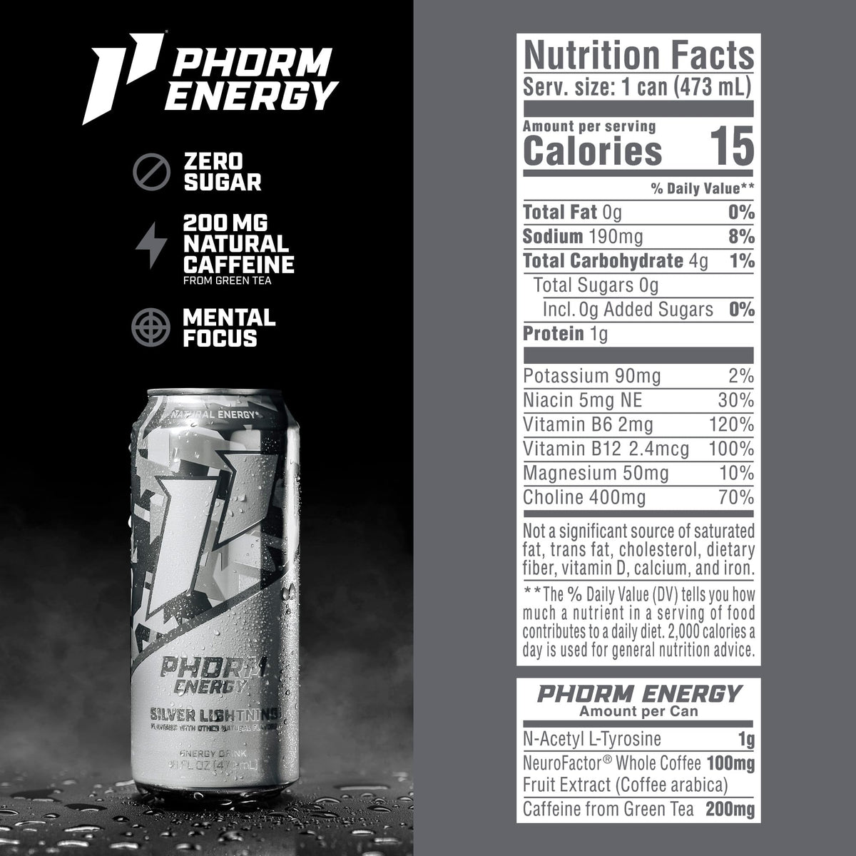 PHORM ENERGY Silver Lightning Drink – 200 mg Natural Green Tea Caffeine, Sugar Free, Electrolytes, 16 oz