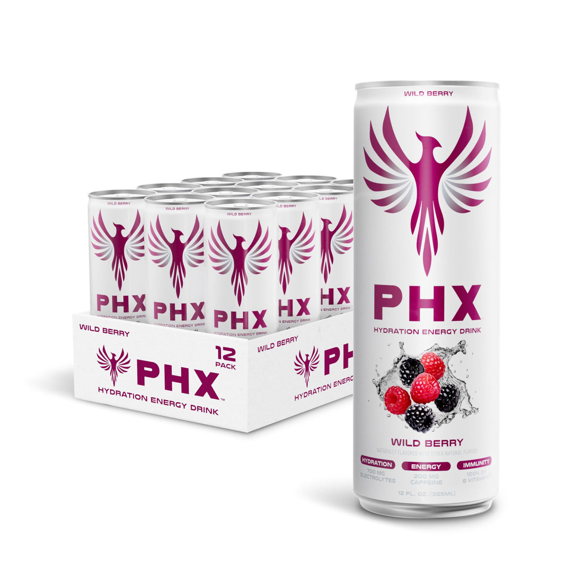 PHX Hydration Energy Drink - 700mg Electrolytes, 200mg Natural Green Tea Caffeine, 100% DV 8 Essential Vitamins - 12 oz Cans (12 Pack, Wild Berry)