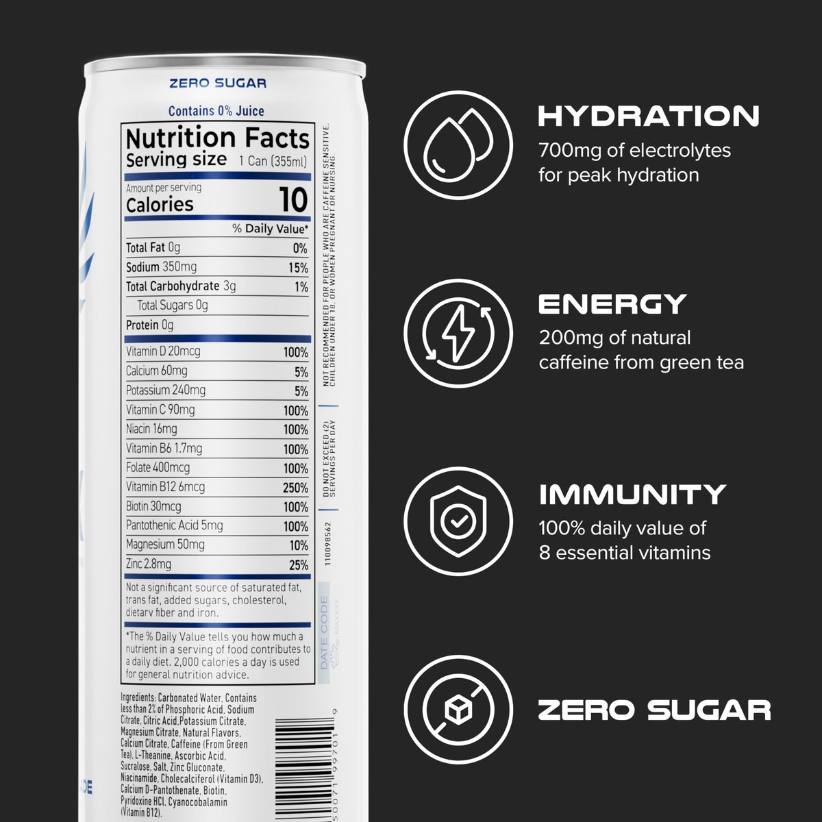 PHX Hydration Energy Drink – Blueberry Lemonade, 12 Pack, 700 mg Electrolytes & 200 mg Green Tea Caffeine