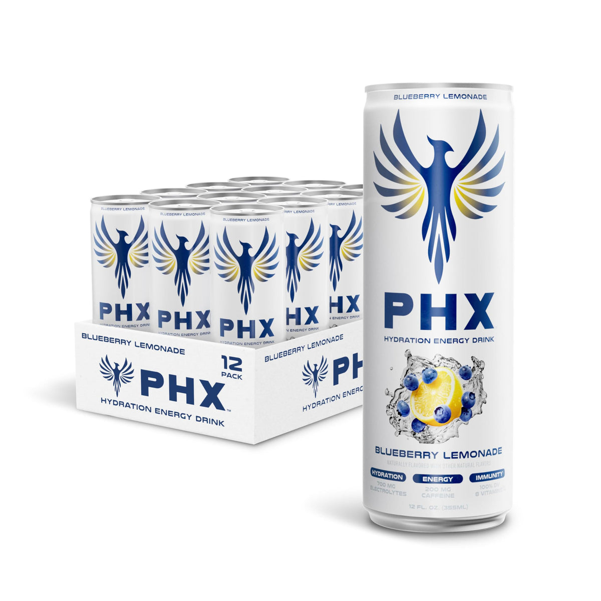 PHX Hydration Energy Drink – Blueberry Lemonade, 12 Pack, 700 mg Electrolytes & 200 mg Green Tea Caffeine