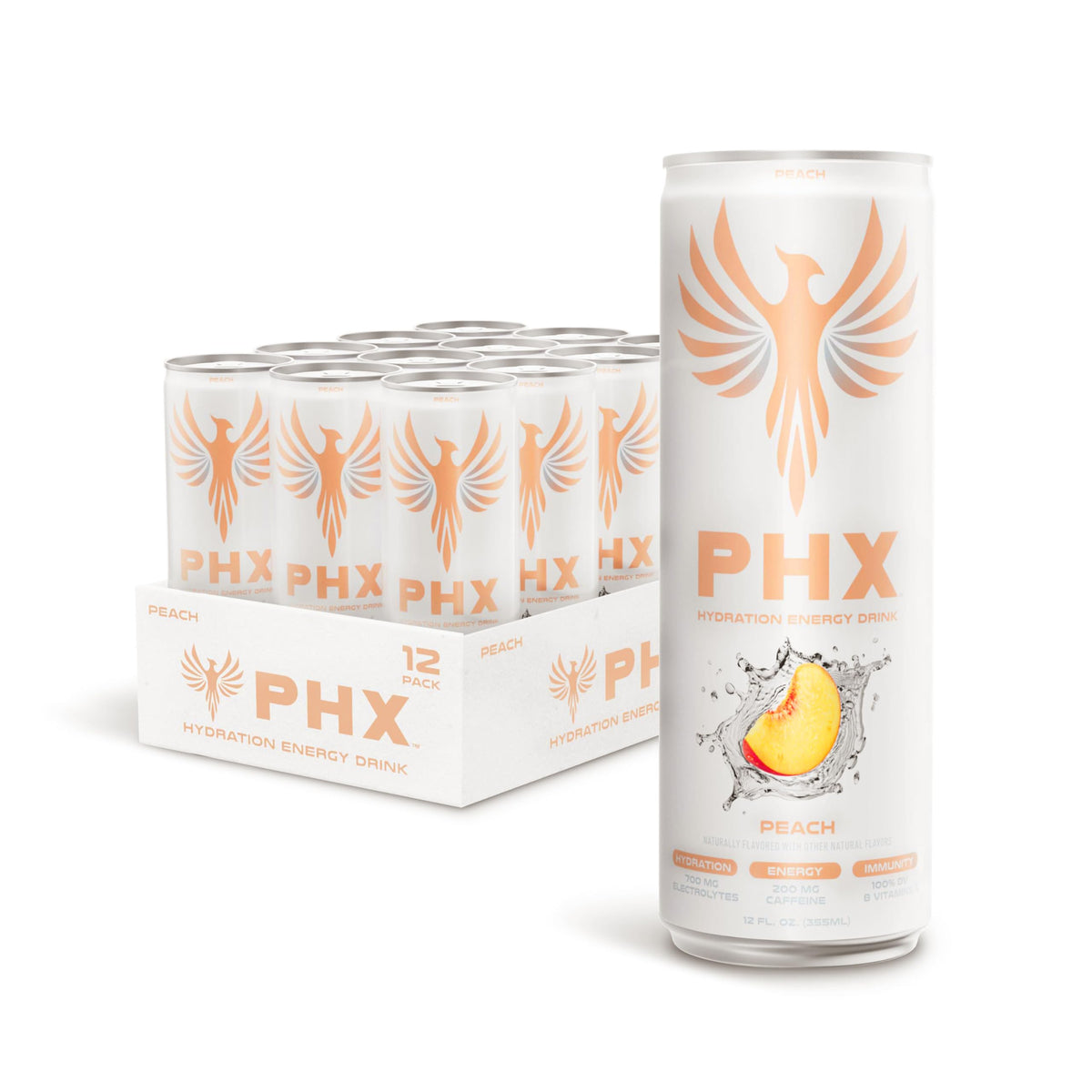 PHX Hydration Energy Drink – 700mg Electrolytes, 200mg Natural Green Tea Caffeine, 8 Vitamins – 12 Pack (Peach)