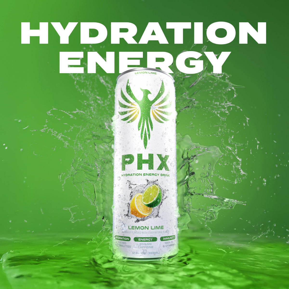 PHX Hydration Energy Drink – 700mg Electrolytes, 200mg Green Tea Caffeine, 8 Vitamins (12 oz Can) Lemon Lime – 12 Pack