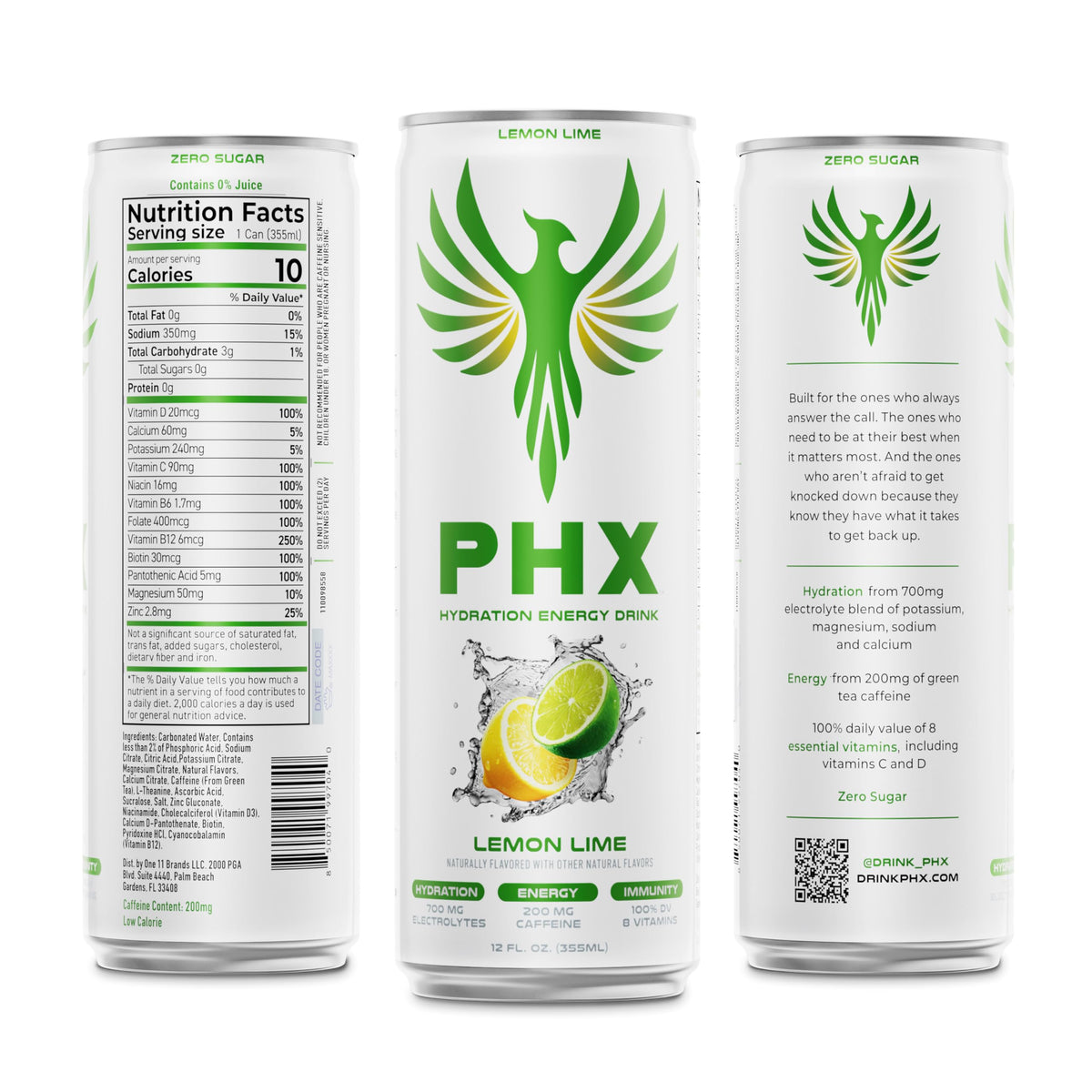 PHX Hydration Energy Drink – 700mg Electrolytes, 200mg Green Tea Caffeine, 8 Vitamins (12 oz Can) Lemon Lime – 12 Pack
