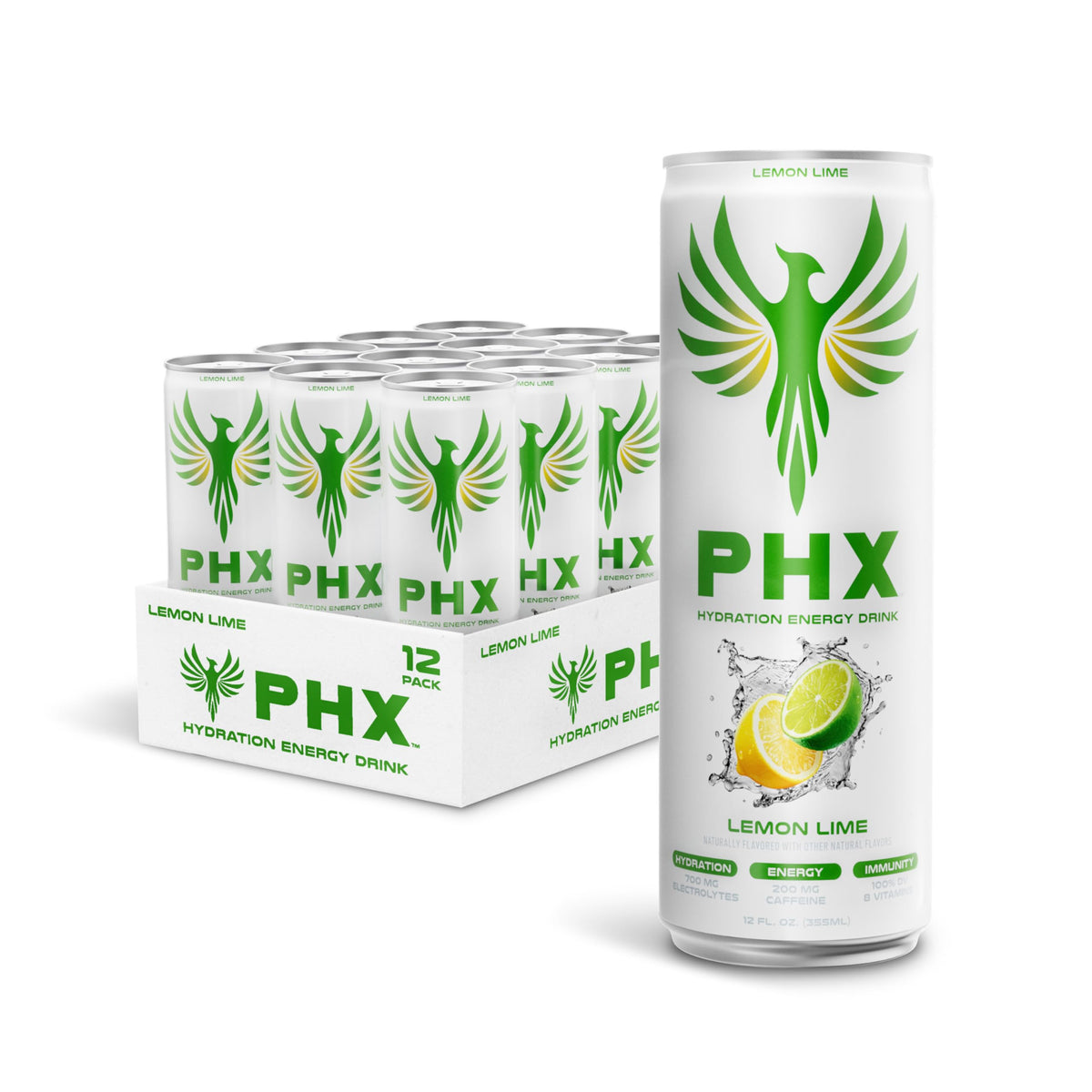 PHX Hydration Energy Drink – 700mg Electrolytes, 200mg Green Tea Caffeine, 8 Vitamins (12 oz Can) Lemon Lime – 12 Pack