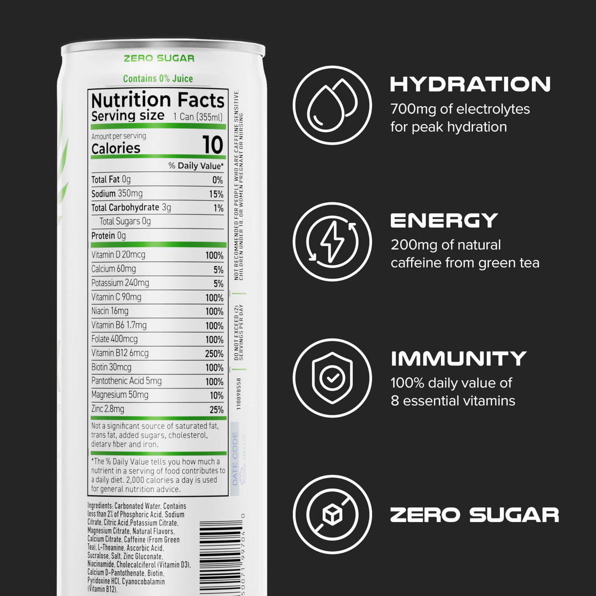 PHX Hydration Energy Drink – 700mg Electrolytes, 200mg Green Tea Caffeine, 8 Vitamins (12 oz Can) Lemon Lime – 12 Pack