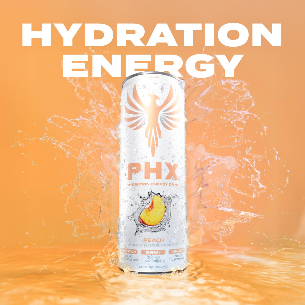 PHX Hydration Energy Drink – 700mg Electrolytes, 200mg Natural Green Tea Caffeine, 8 Vitamins – 12 Pack (Peach)