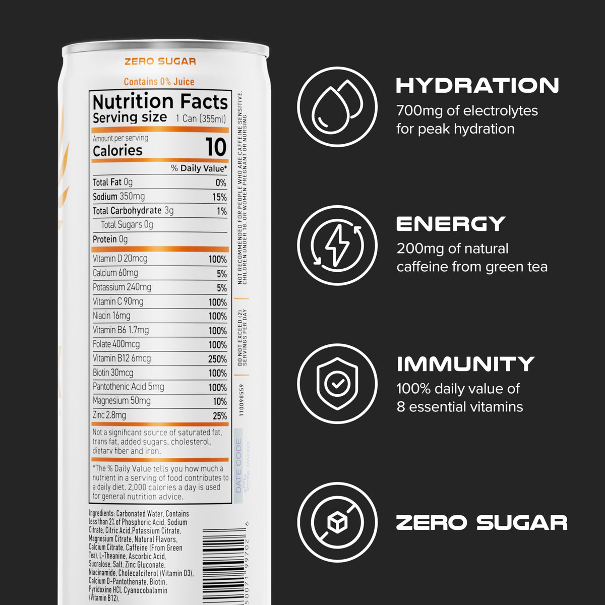 PHX Hydration Energy Drink – 700mg Electrolytes, 200mg Green Tea Caffeine, 8 Vitamins • 12 oz Cans (12 Pack, Orange)