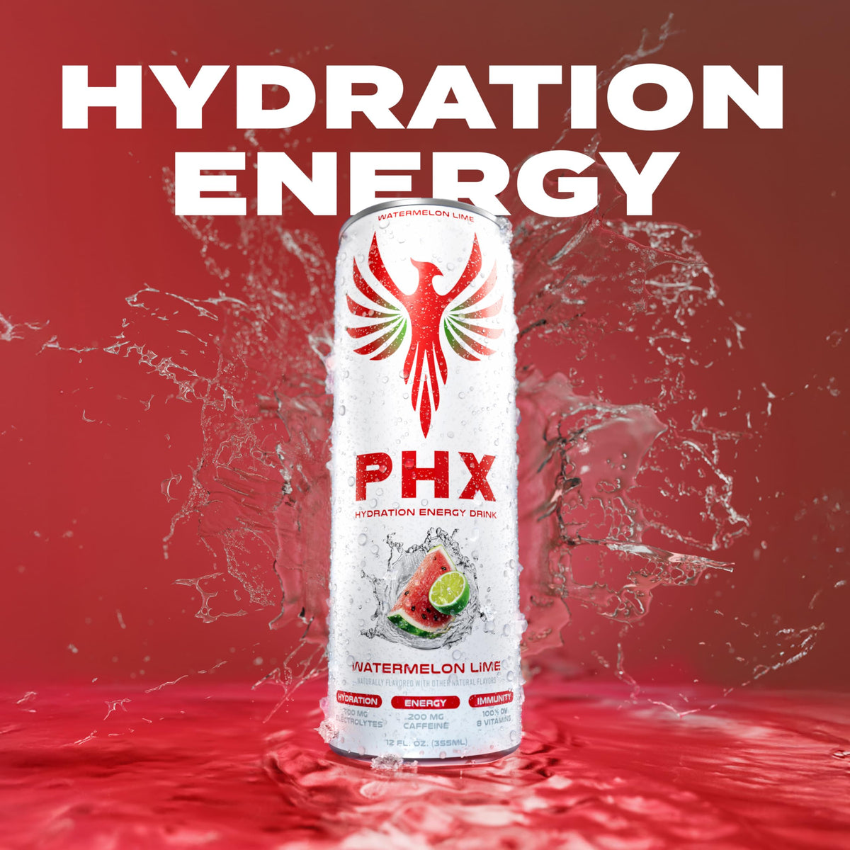 PHX Hydration Energy Drink – 700mg Electrolytes, 200mg Natural Green Tea Caffeine, 100% DV of 8 Vitamins – 12 oz Cans (Watermelon Lime)