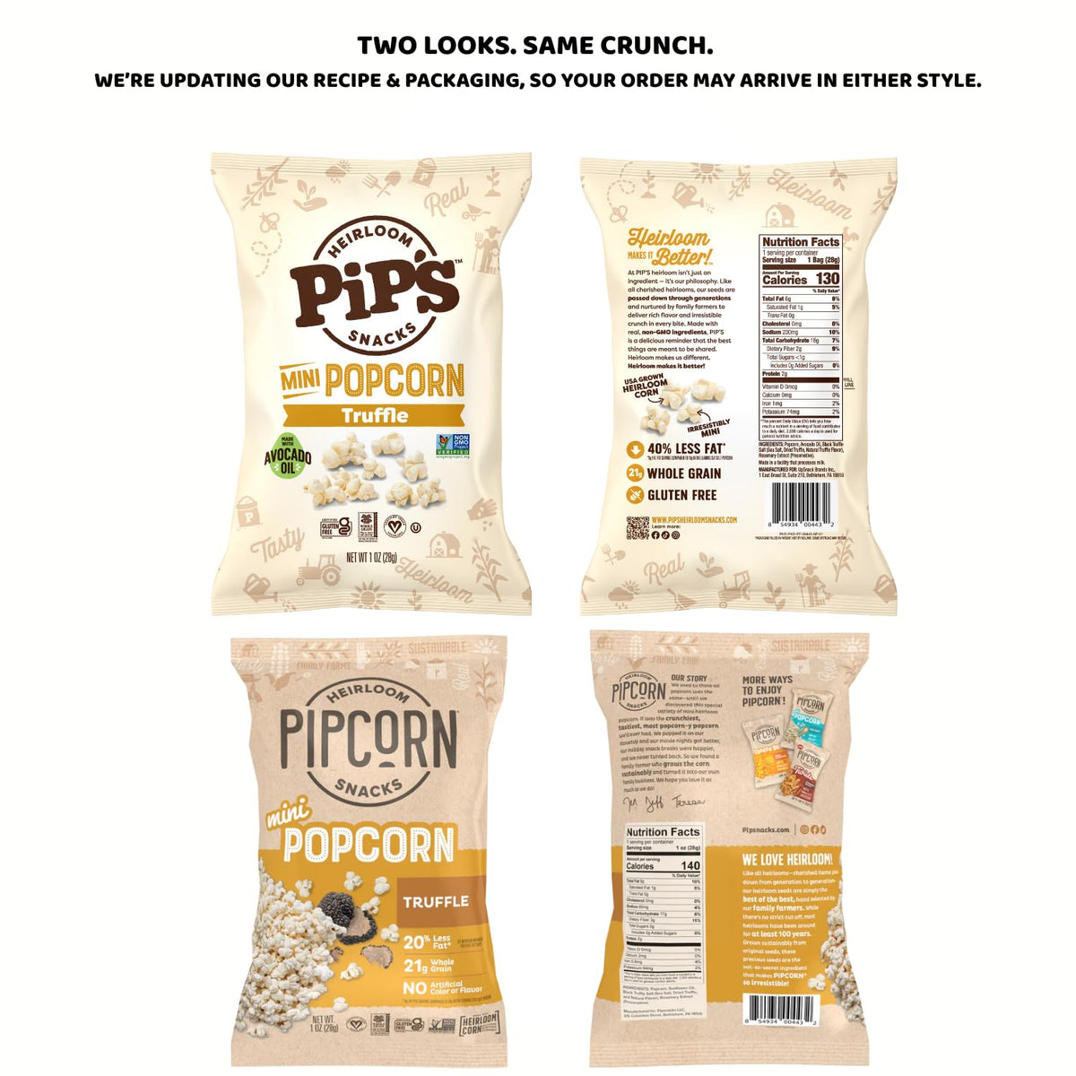 Pip's Heirloom Truffle Mini Popcorn – 1 oz Bags (24 Pack) | Real Black Truffle & Avocado Oil