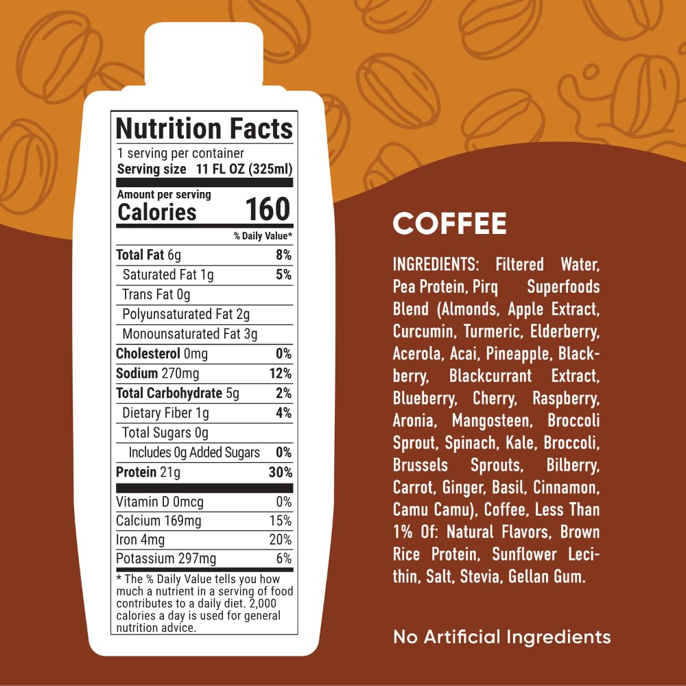 Pirq 21g Dairy-Free Protein Shake – 25 Superfoods, 0g Sugar, Coffee Flavor