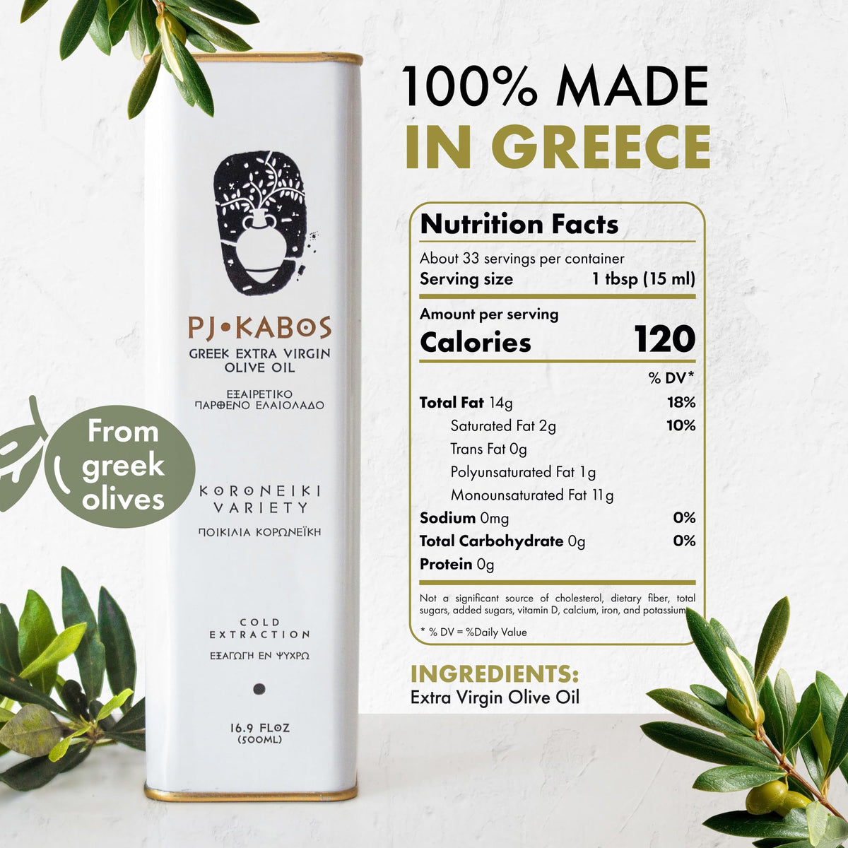 P.J. KABOS Fresh 2025/26 Harvest Greek EVOO – High Phenolic, Koroneiki, 16.9 oz Tin