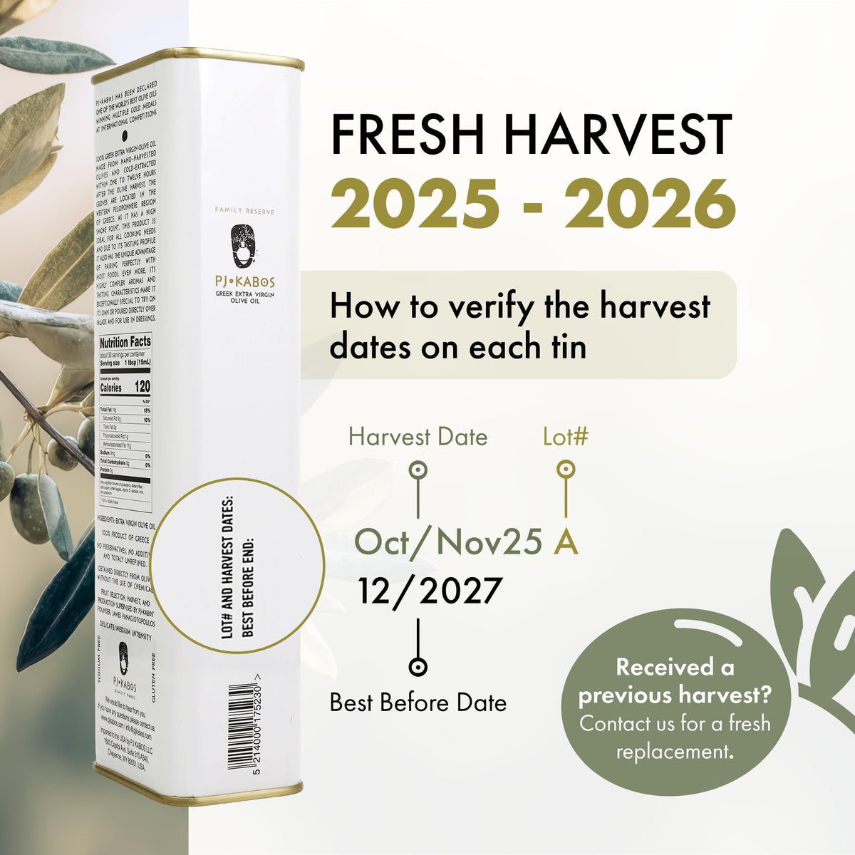 P.J. KABOS Fresh 2025/26 Harvest Greek EVOO – High Phenolic, Koroneiki, 16.9 oz Tin