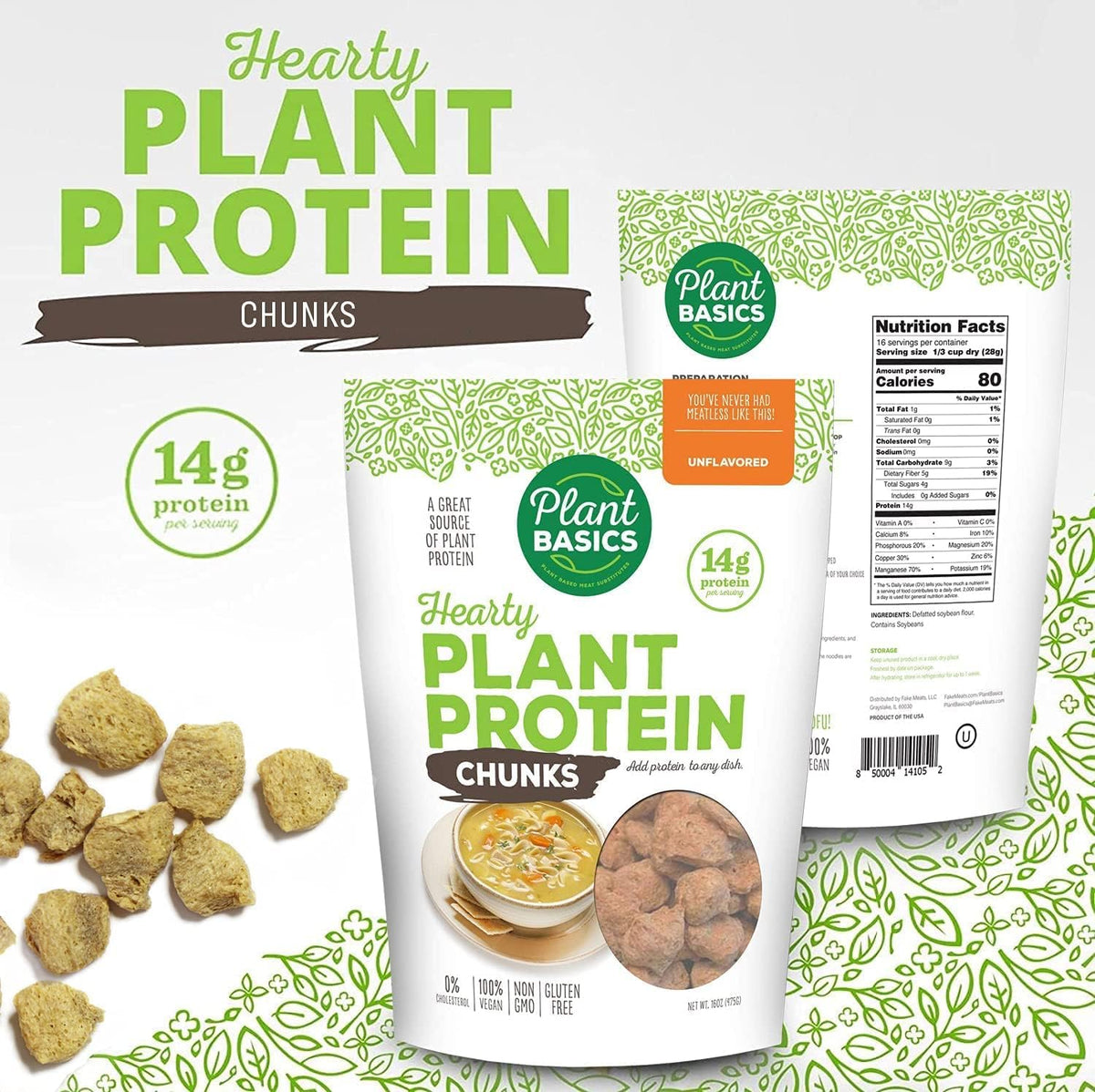 Plant Basics Hearty Plant Protein – Unflavored Chunks, 2 lb Pack, Vegan Meat Substitutes