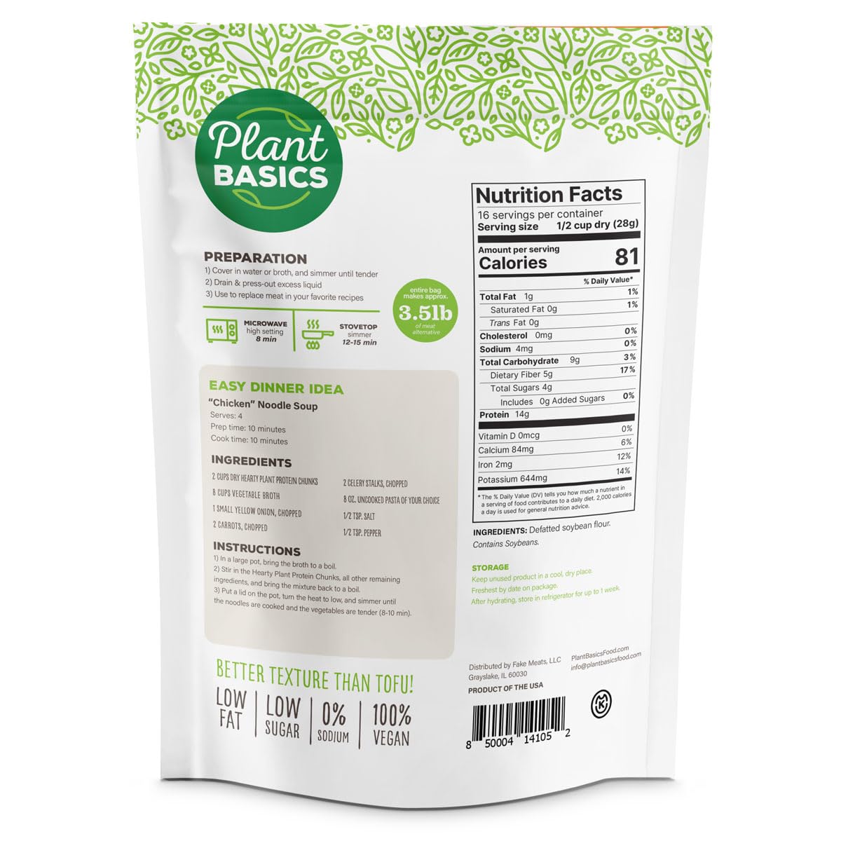 Plant Basics Hearty Plant Protein – Unflavored Chunks, 2 lb Pack, Vegan Meat Substitutes
