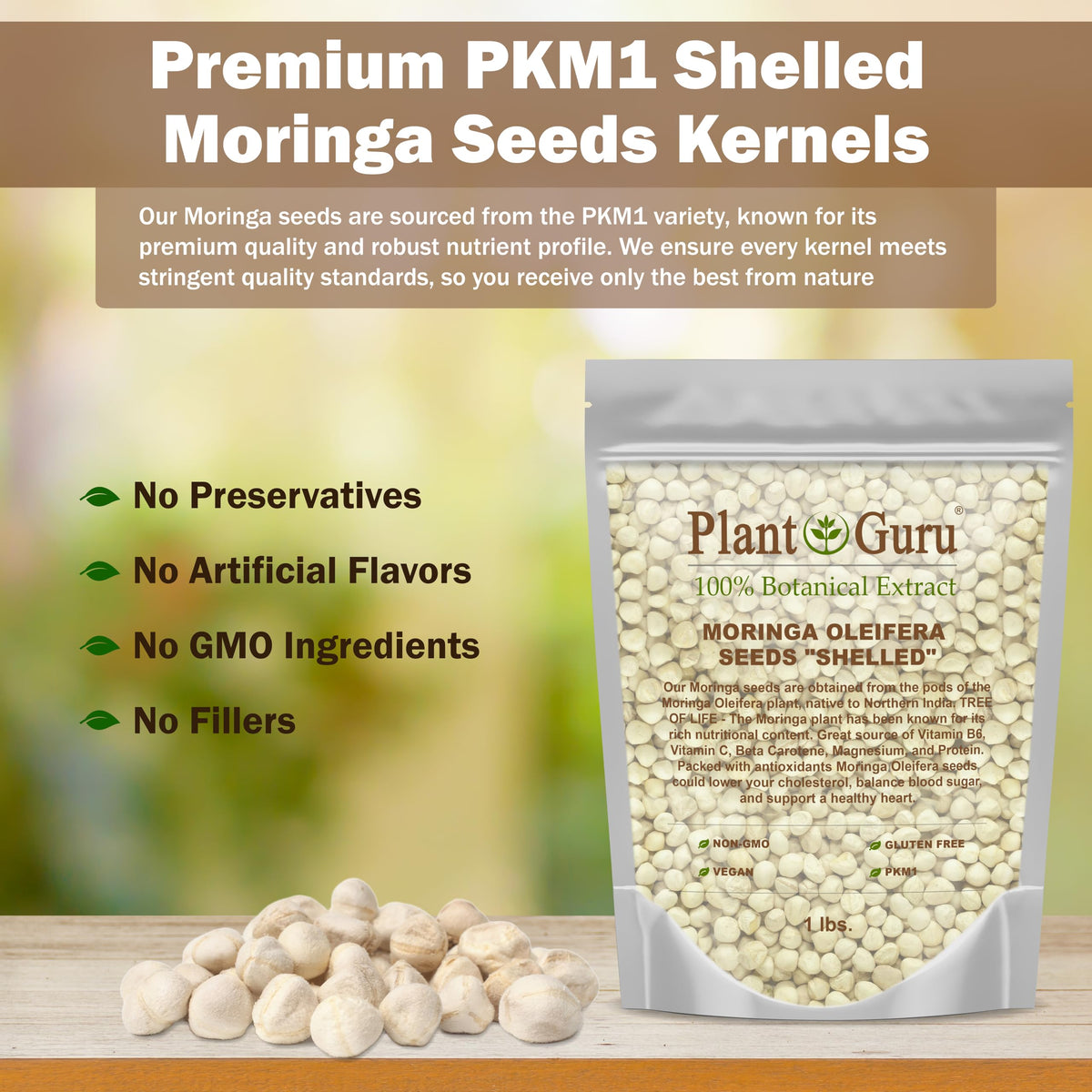 Plant Guru Moringa Seeds Kernel Shelled – 2 lb Jar | PKM1 Non-GMO Edible Seeds