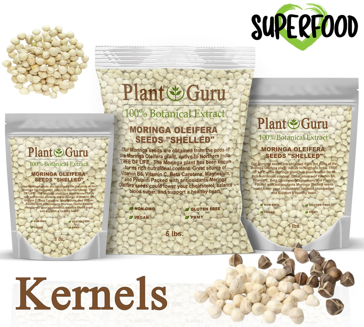 Plant Guru Moringa Seeds Kernel Shelled – 2 lb Jar | PKM1 Non-GMO Edible Seeds
