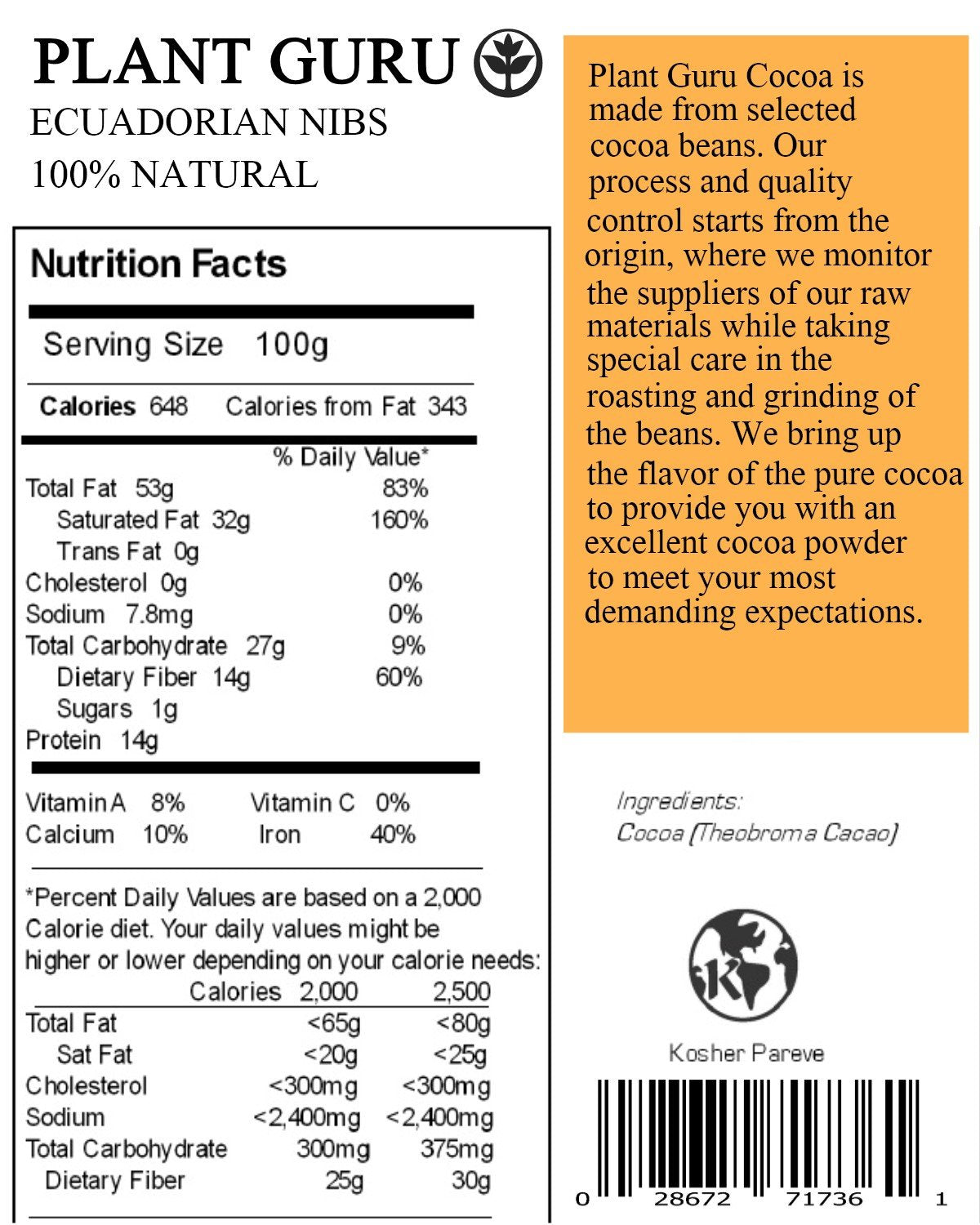 Plant Guru Raw Cocoa Nibs 5 lbs Bulk – Arriba Nacional Bean from Ecuador | Organic & Allergen-Free