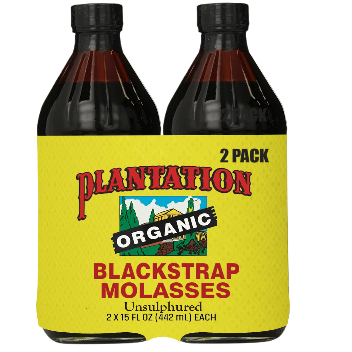 Plantation Organic Blackstrap Molasses 15 oz (Pack of 2) — USDA Organic, Unsulphured, Natural Sweetener for Baking & Beverages