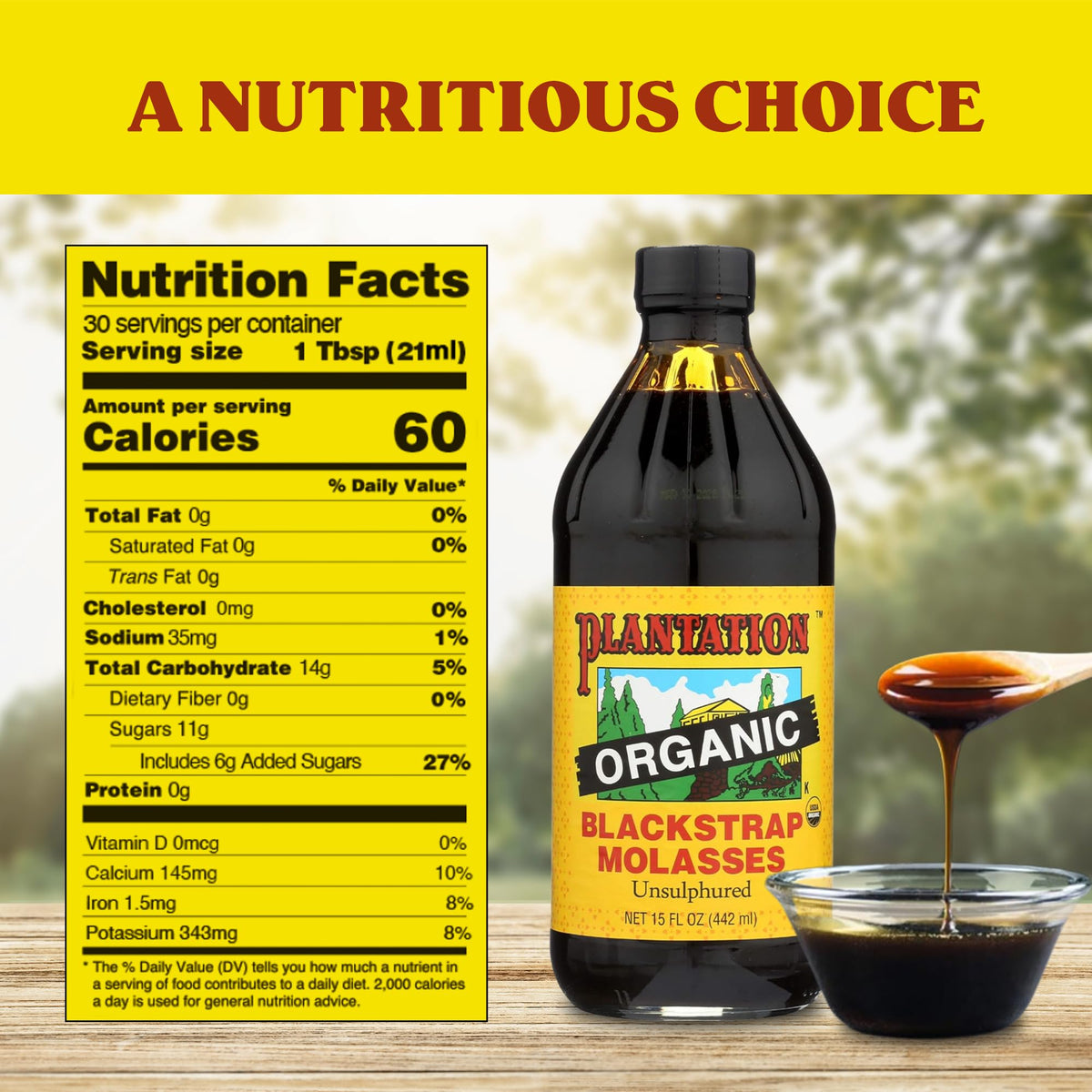 Plantation Organic Blackstrap Molasses 15 oz (Pack of 2) — USDA Organic, Unsulphured, Natural Sweetener for Baking & Beverages