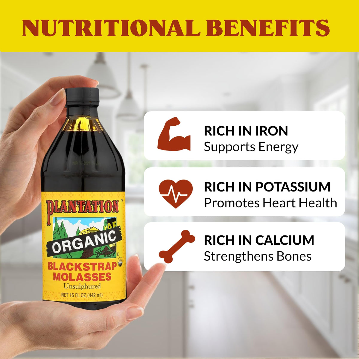 Plantation Organic Blackstrap Molasses 15 oz (Pack of 2) — USDA Organic, Unsulphured, Natural Sweetener for Baking & Beverages