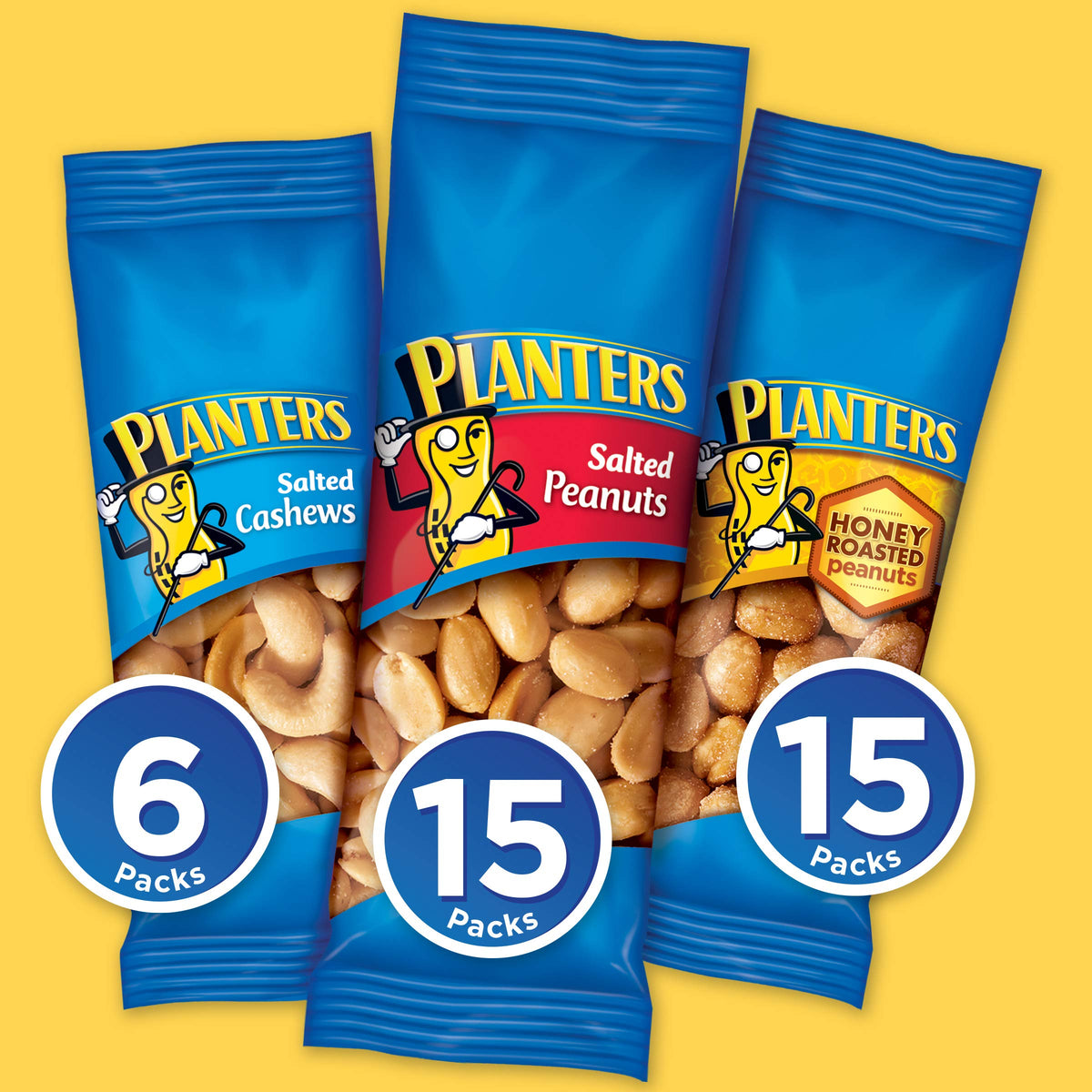 PLANTERS Variety Pack – Salted Cashews, Salted Peanuts & Honey Roasted Peanuts (36 Count)