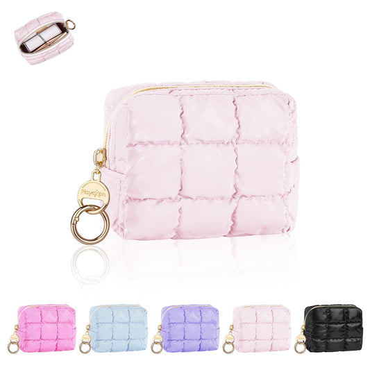 Playexen Puffy Mini Makeup Bag, Cute Quilted Small Cosmetic Bag for Purse, Portable Travel Makeup Pouch for Lipsticks, Chapsticks, Earphone, Credit Card, Birthday/Wedding/Christmas Gifts (Pink)