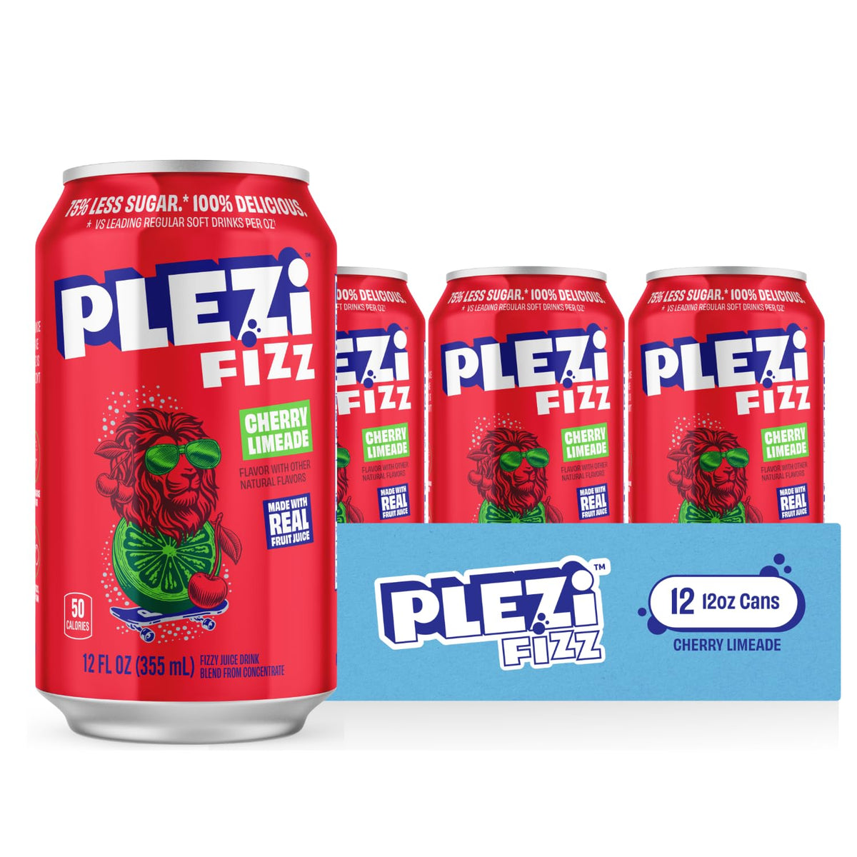 Plezi FiZZ Cherry Limeade Sparkling Juice — Real Fruit, Low Sugar, Fiber | 12 Pack