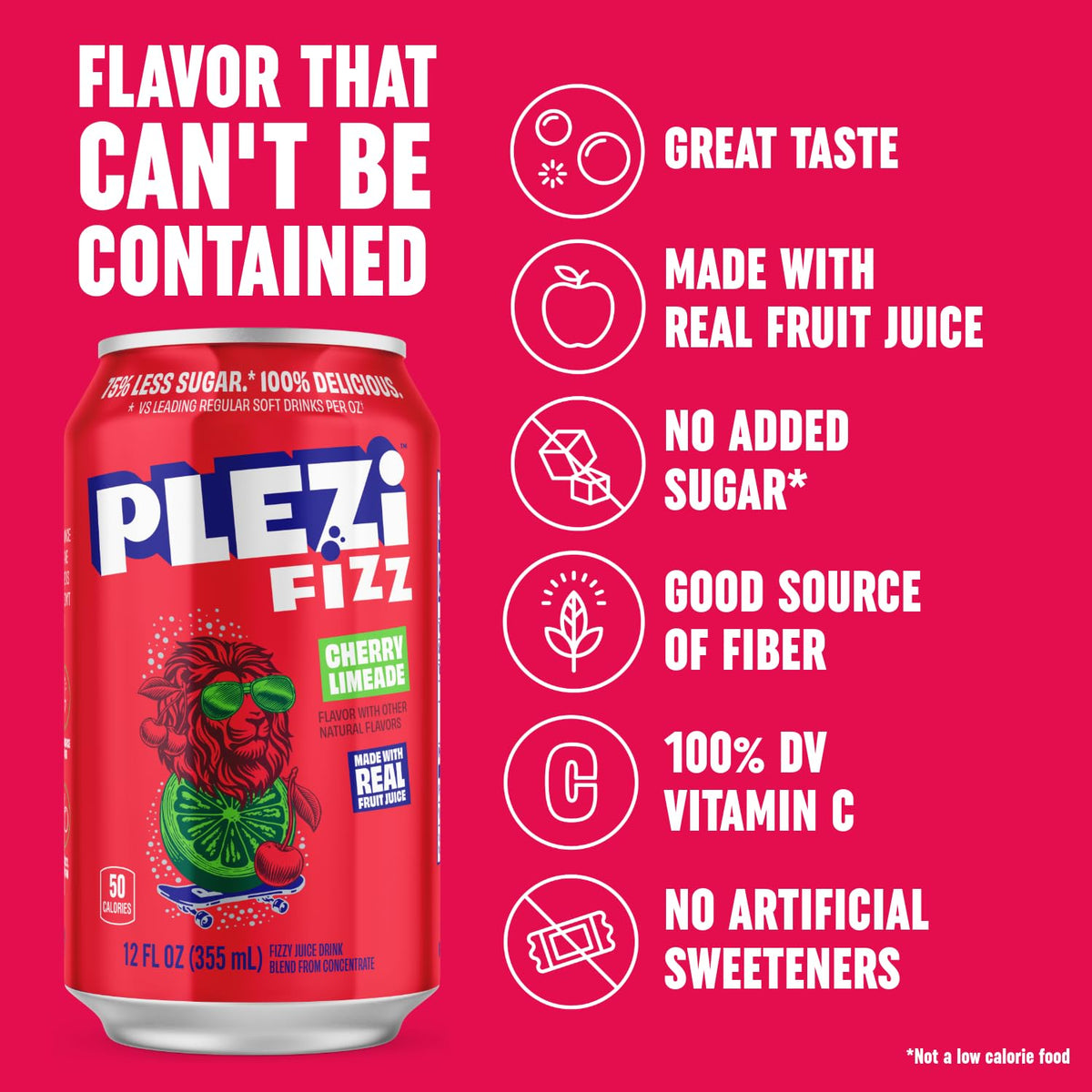 Plezi FiZZ Cherry Limeade Sparkling Juice — Real Fruit, Low Sugar, Fiber | 12 Pack