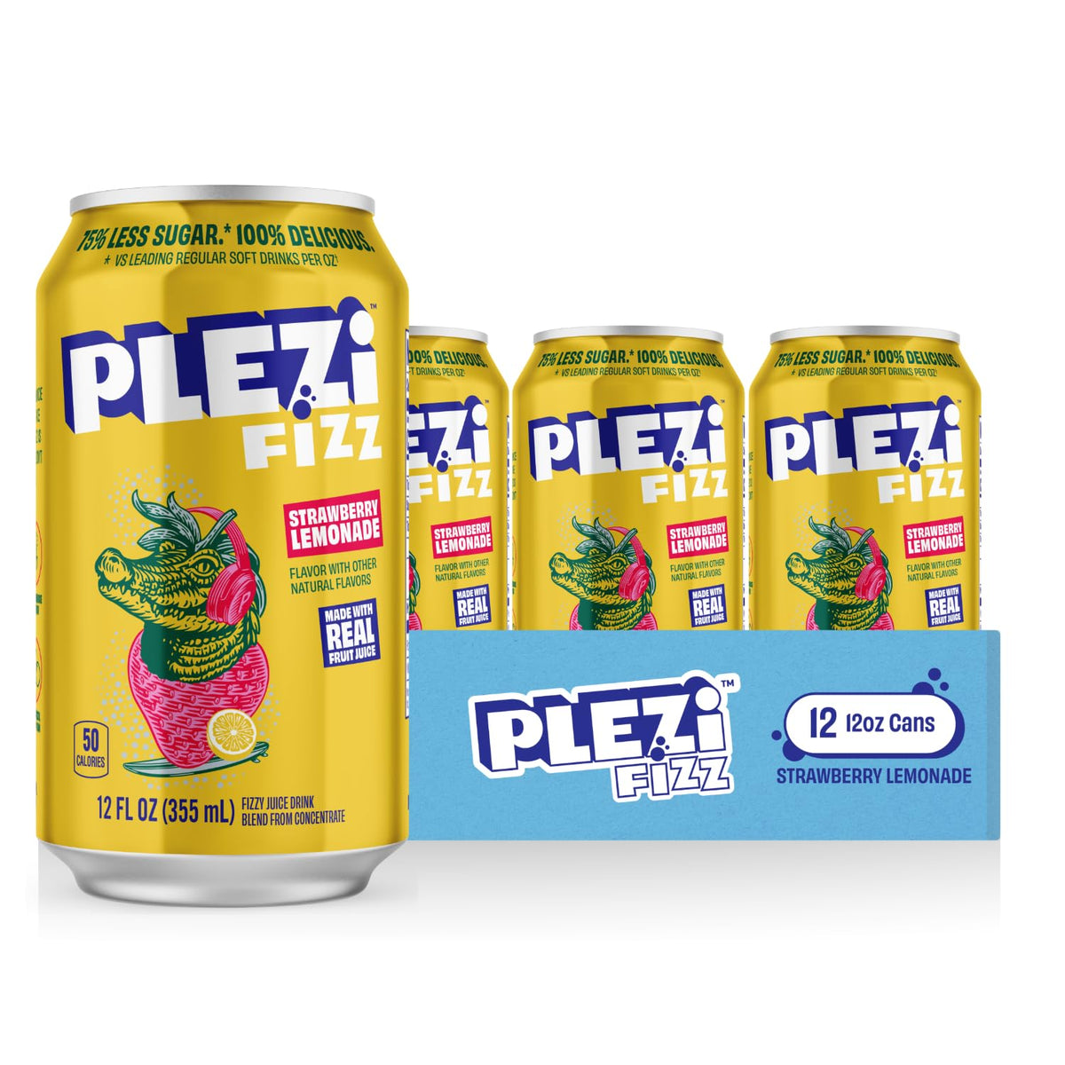 PLEZi FiZZ Strawberry Lemonade Sparkling Juice – Real Fruit, Low Sugar, 3g Fiber, 12 Pack