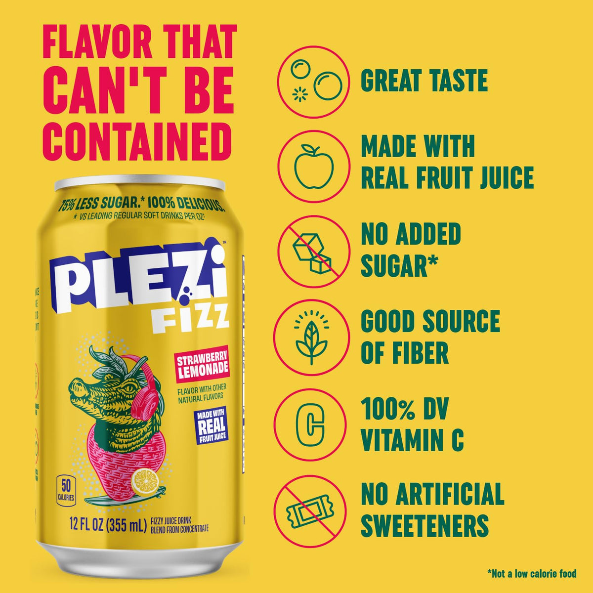 PLEZi FiZZ Strawberry Lemonade Sparkling Juice – Real Fruit, Low Sugar, 3g Fiber, 12 Pack
