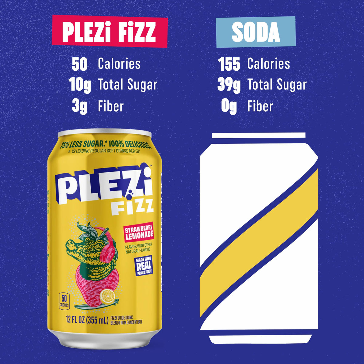 PLEZi FiZZ Strawberry Lemonade Sparkling Juice – Real Fruit, Low Sugar, 3g Fiber, 12 Pack