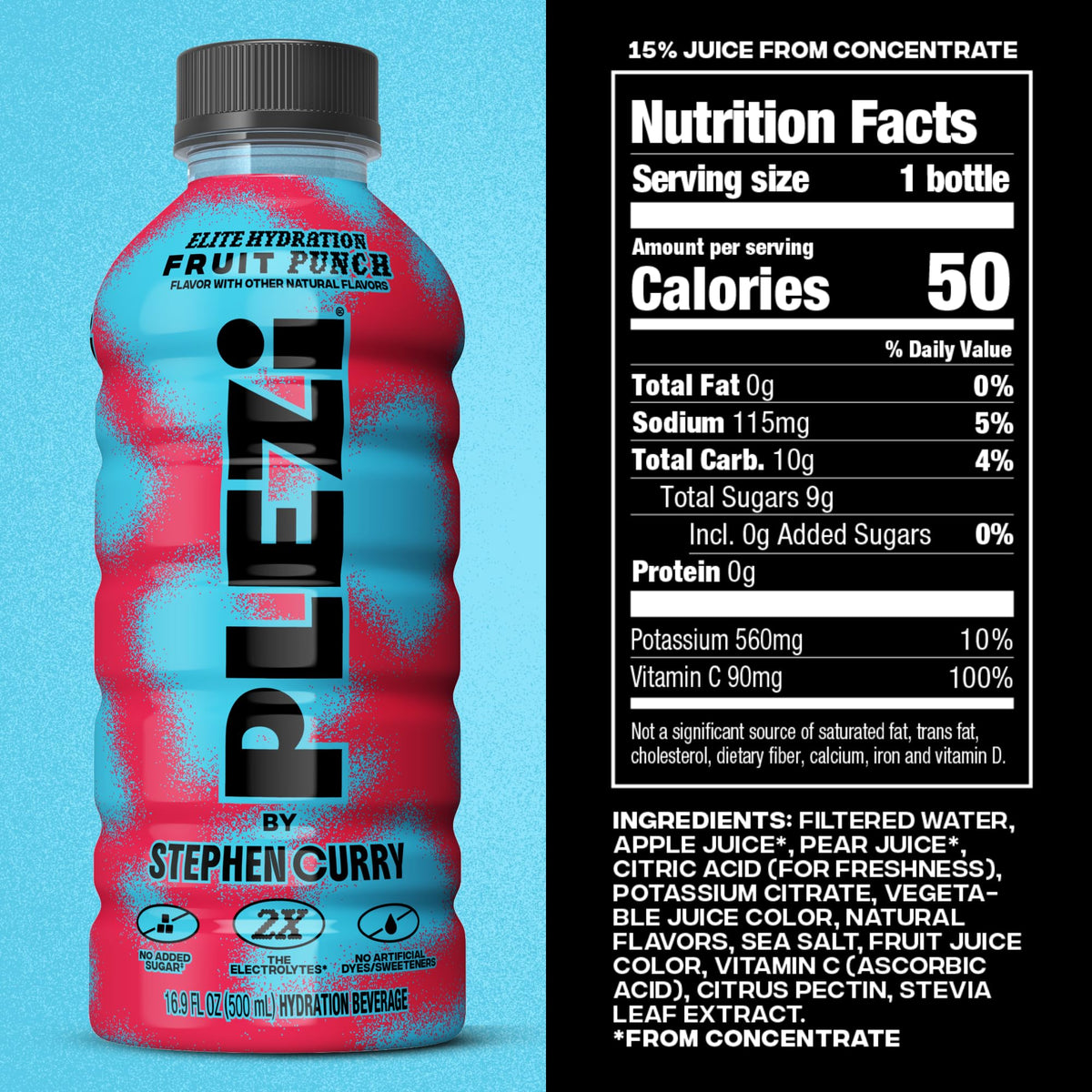 Plezi Hydration Fruit Punch – Real-Juice Electrolyte Drink, 2x Electrolytes, 560mg Potassium, 16.9 oz, 12 Pack
