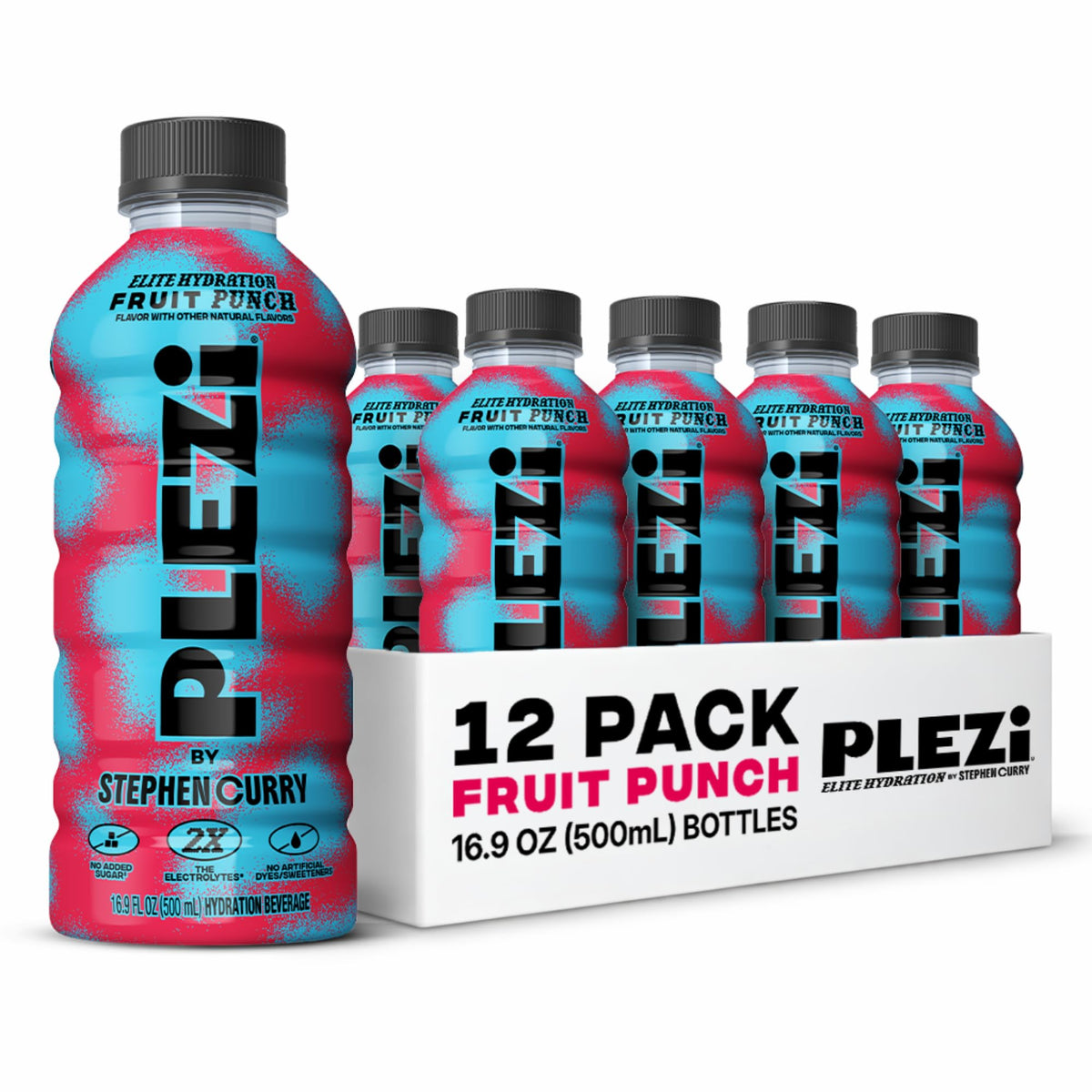 Plezi Hydration Fruit Punch – Real-Juice Electrolyte Drink, 2x Electrolytes, 560mg Potassium, 16.9 oz, 12 Pack