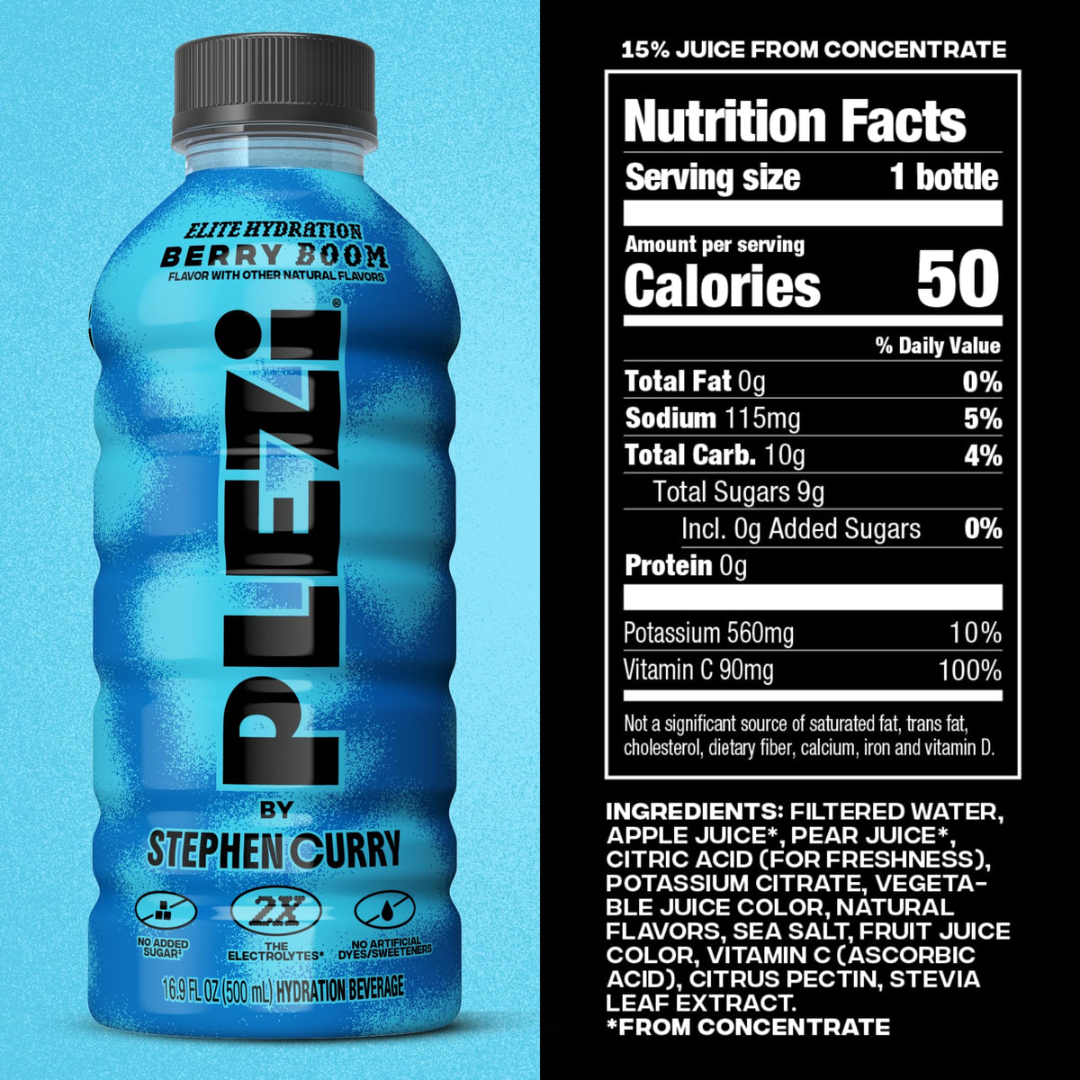 Plezi Hydration Drink Berry Boom – Real Juice, 2X Electrolytes, 560mg Potassium, 16.9 fl oz (12-pack)