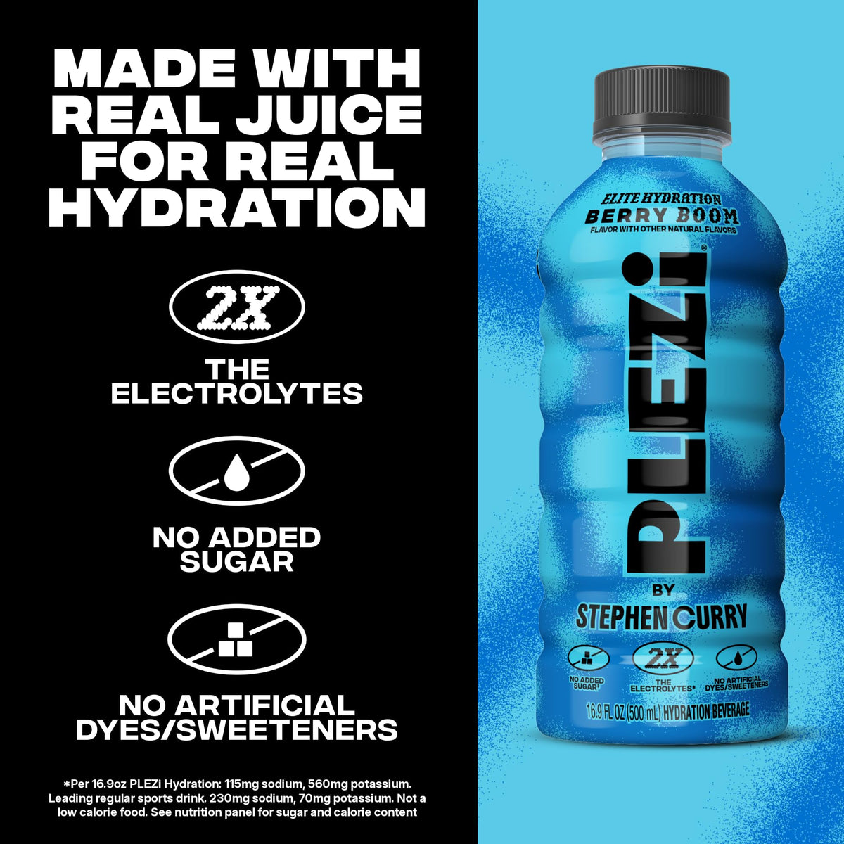 Plezi Hydration Drink Berry Boom – Real Juice, 2X Electrolytes, 560mg Potassium, 16.9 fl oz (12-pack)