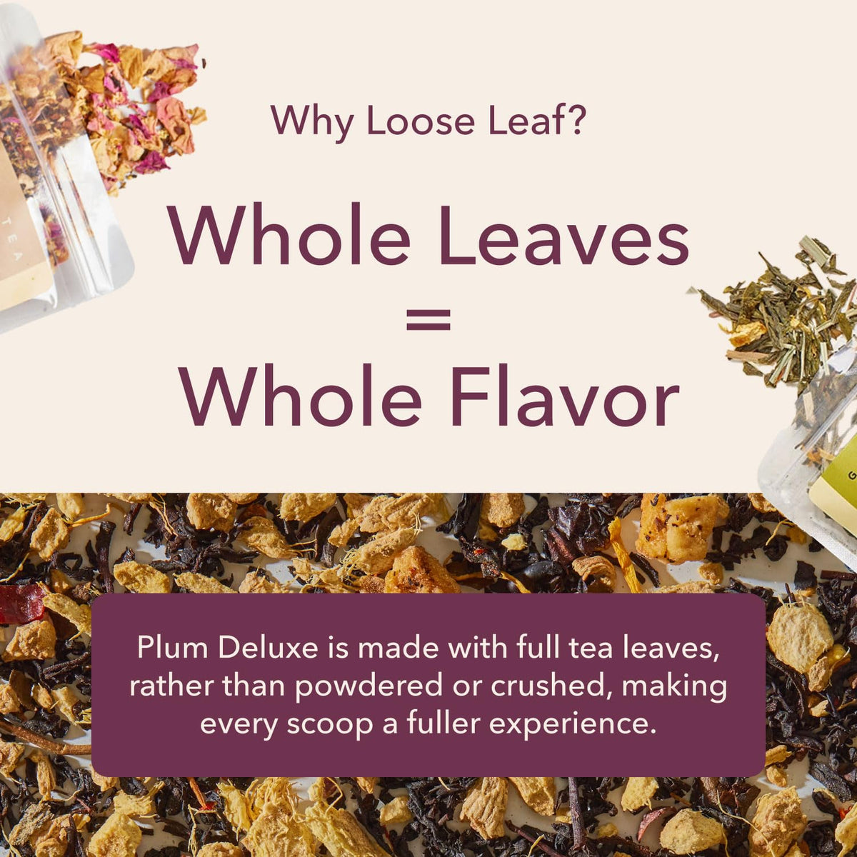 Plum Deluxe Loose Leaf Tea Sampler – 5 Blends, 75–100 Cups, Handcrafted in USA