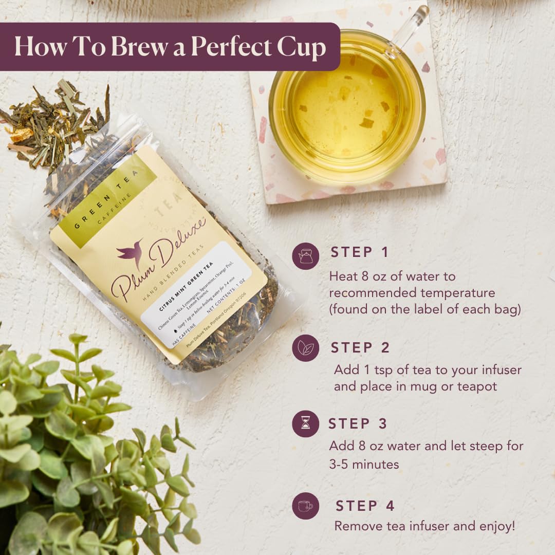 Plum Deluxe Loose Leaf Tea Sampler – 5 Blends, 75–100 Cups, Handcrafted in USA