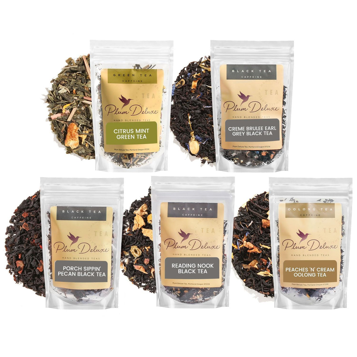 Plum Deluxe Loose Leaf Tea Sampler – 5 Blends, 75–100 Cups, Handcrafted in USA