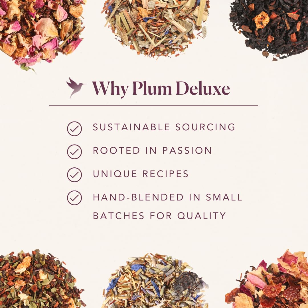 Plum Deluxe Loose Leaf Tea Sampler – 5 Blends, 75–100 Cups, Handcrafted in USA