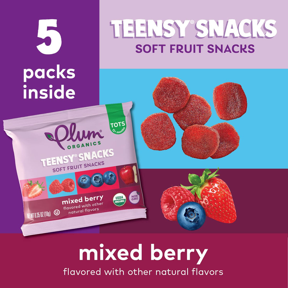 Plum Organics Teensy Snacks - Soft Fruit Snacks, Mixed Berry, 0.35 oz Bags (Pack of 40) - Organic Toddler Snack